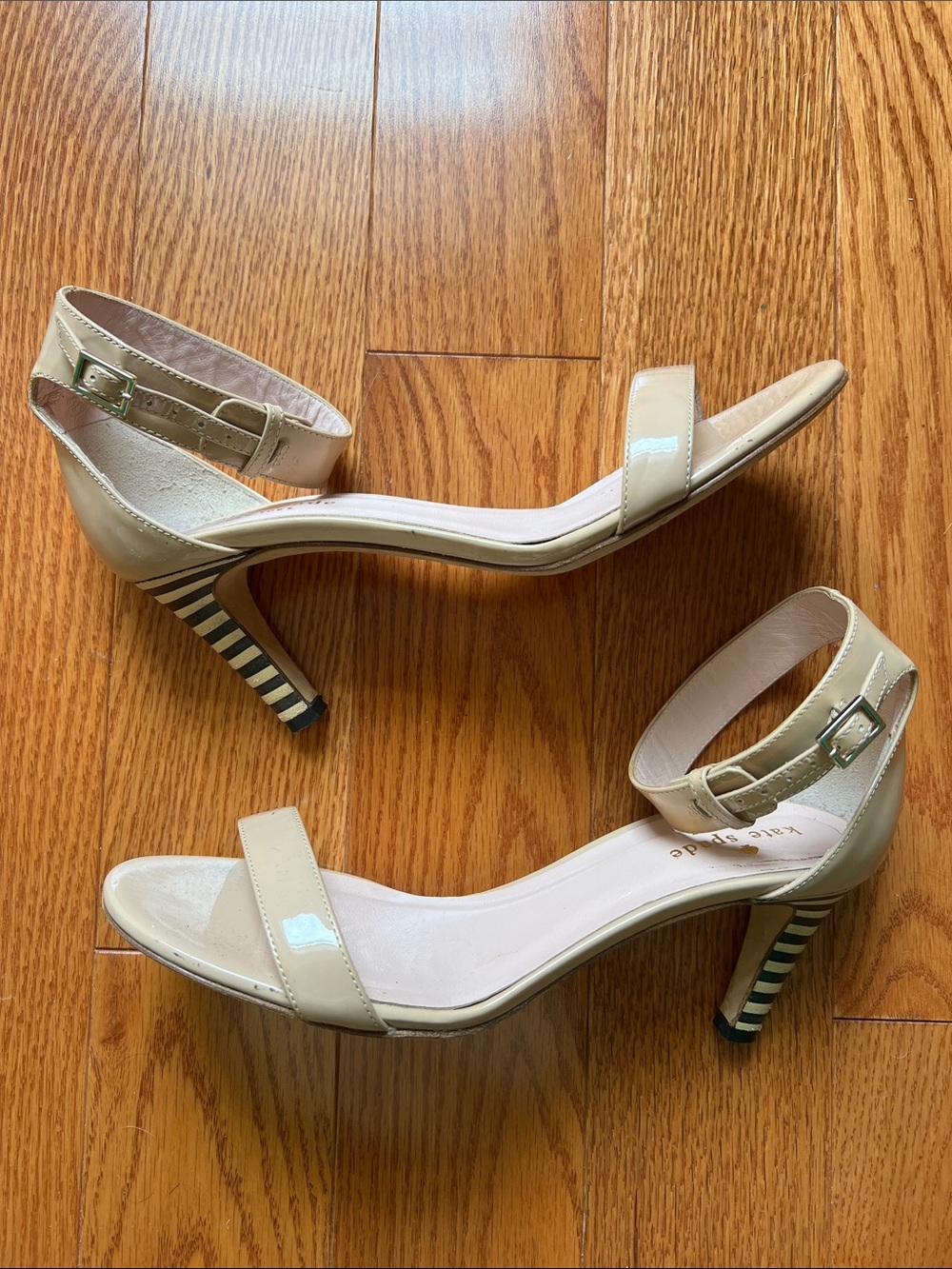 kate spade Nude Patent Leather Ankle-Strap Heels with Striped Heel